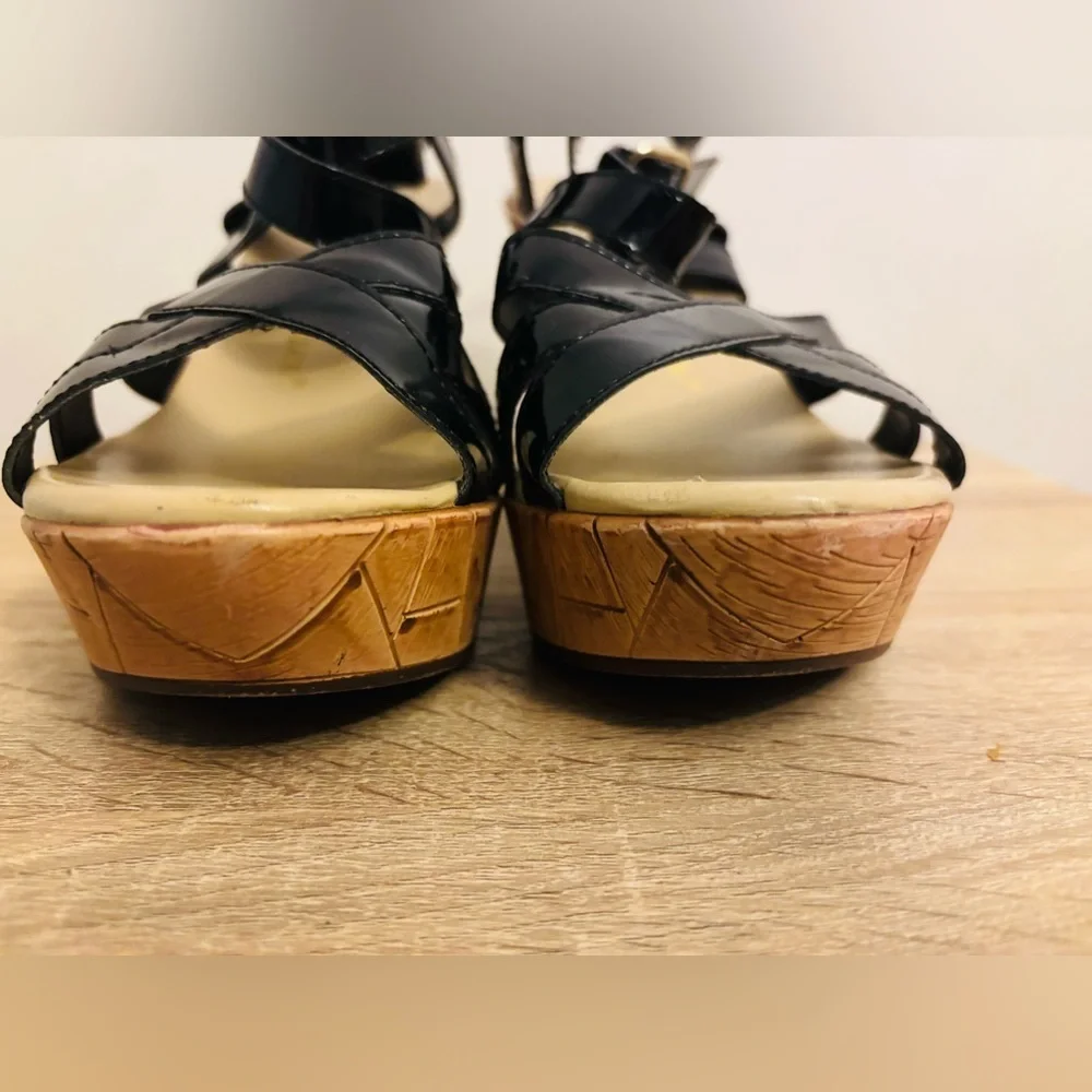 Athena Alexander Black and Tan Wedge Sandals